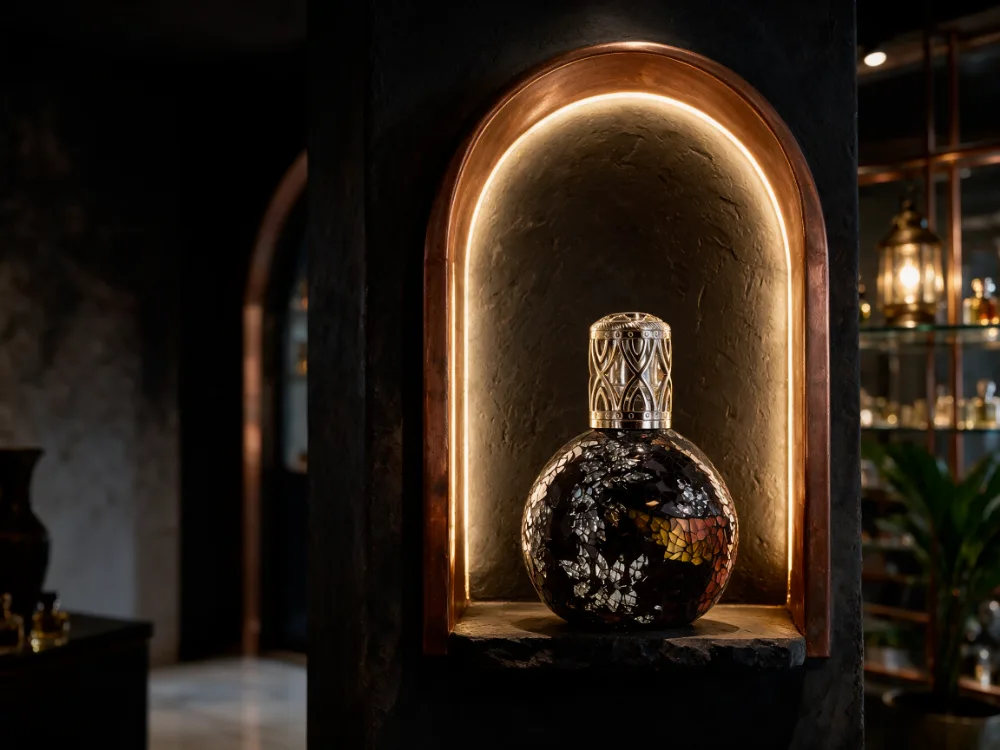 Katalytická lampa Oriental Woodland v medenom oblúku butiku Mementolux